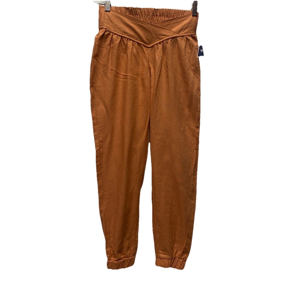 Banjara Linen Jogger Pants Womens Small Dark Orange Rust Crossover Waist Pull-On